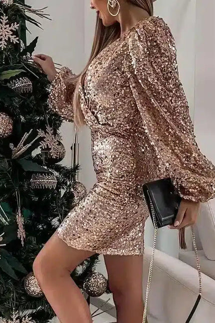 Robe Éclat Pailleté Rosé À Manches Bouffantes