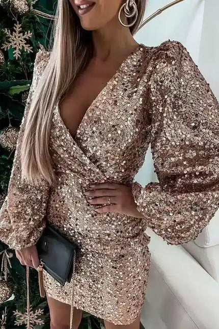 Robe Éclat Pailleté Rosé À Manches Bouffantes - gallery 2
